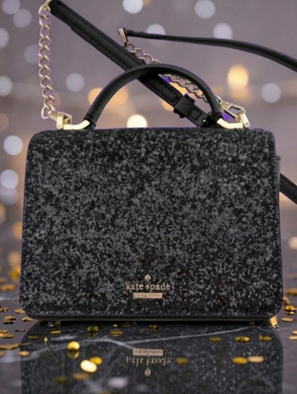 Kate Spade Laurel Way Black Glitter Maisie Top-Handle Crossbody Bag